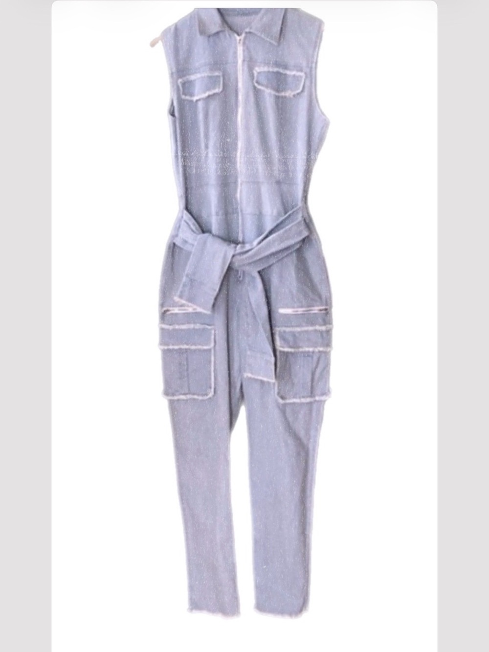 Sleeveless Light Blue stretch Utility Jumpsuit with Waist Tie